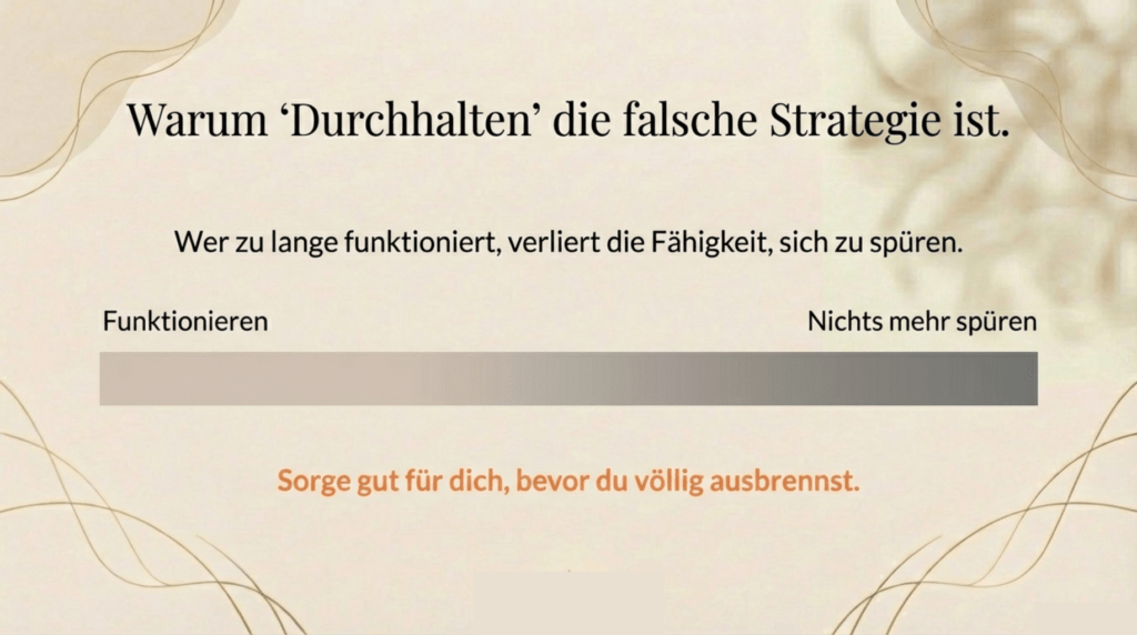 Selbstfürsorge für Führungskräfte – Grafik zu Dauerfunktionieren, Erschöpfung und fehlender Selbstwahrnehmung