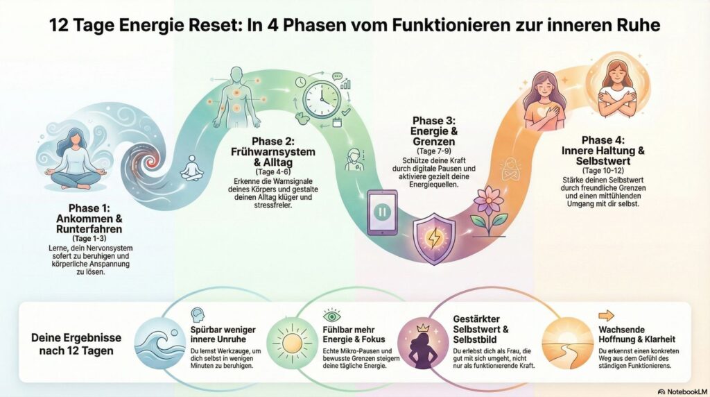 Grafik mit vier Phasen des 12-Tage-Energie-Resets: Ankommen und Runterfahren, Frühwarnsystem im Alltag, Energie und Grenzen sowie innere Haltung und Selbstwert.