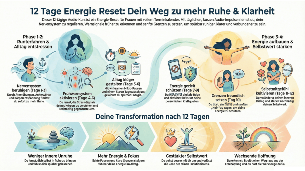 Grafische Übersicht zur Transformation nach dem 12 Tage Energie Reset mit mehr Ruhe, Fokus und Energie, klaren Grenzen sowie gestärktem Selbstwert im Alltag