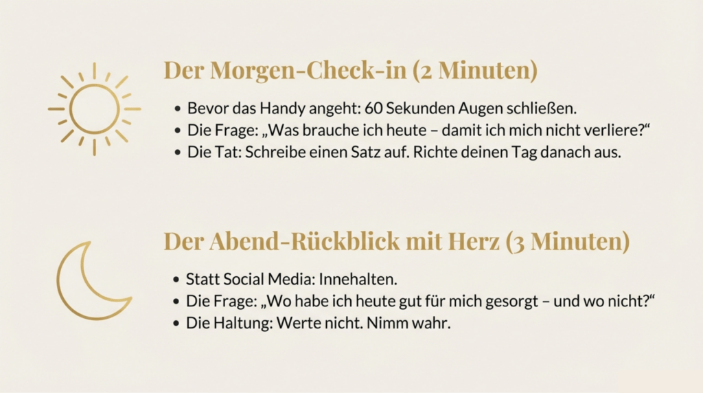 Selbstfürsorge für Führungskräfte – Illustration zu Morgen-Check-in und Abend-Rückblick als Mikro-Routinen