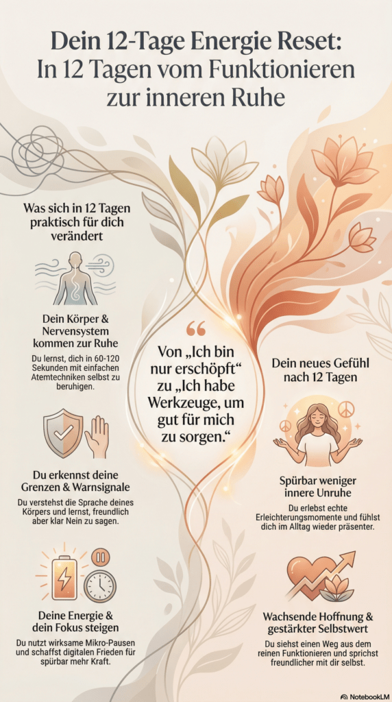 Übersicht zum 12 Tage Energie Reset mit dem Weg vom Funktionieren zur inneren Ruhe sowie mehr Energie, Klarheit und Selbstfürsorge im Alltag.